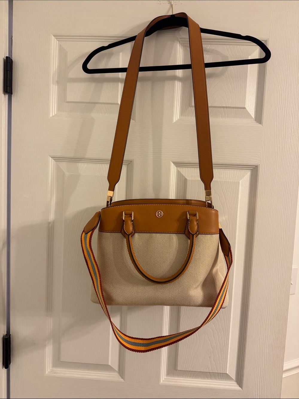 Tory Burch Canvas and Leather Shoulder Bag in Cream and Tan with Striped Strap